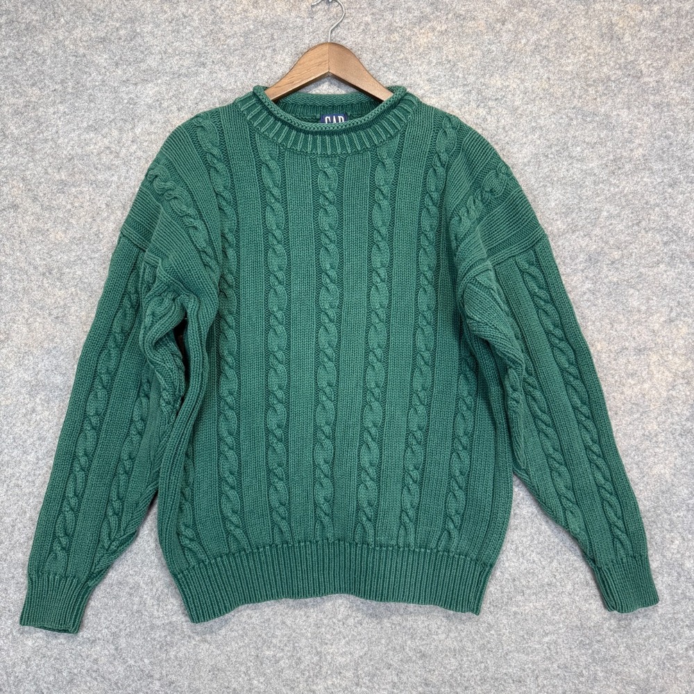 Vintage GAP Fisherman Roll Neck Cable Knit Sweater Mens Large 90s Made in UK